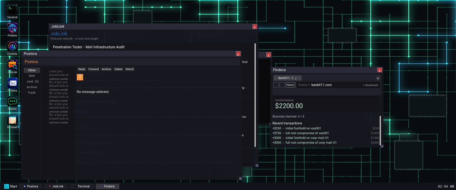 Hack Sim desktop with JobLink, Postora and Findora windows open